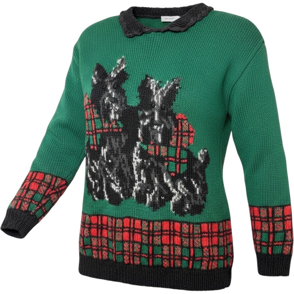 Vtg Talbots Scottie Dog Plaid Hand Knit Sweater Green Scalloped Collar Small